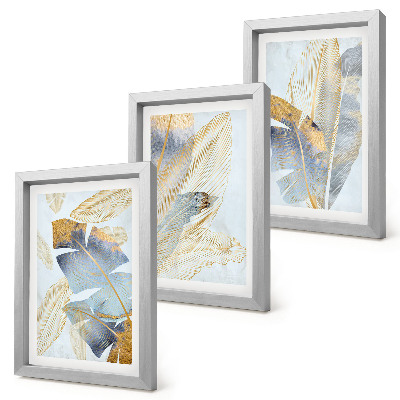 3-piece wall art set Leaves in shades of blue and beige on a light background