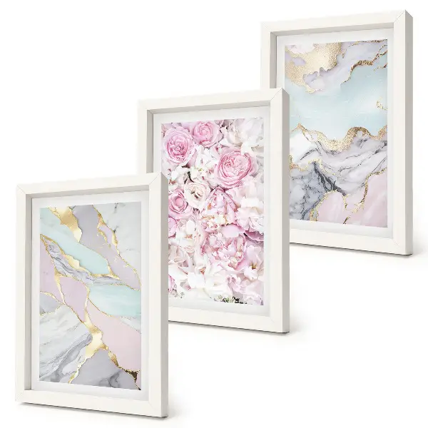 Pink flowers with marble and pastel patterns framed triptych