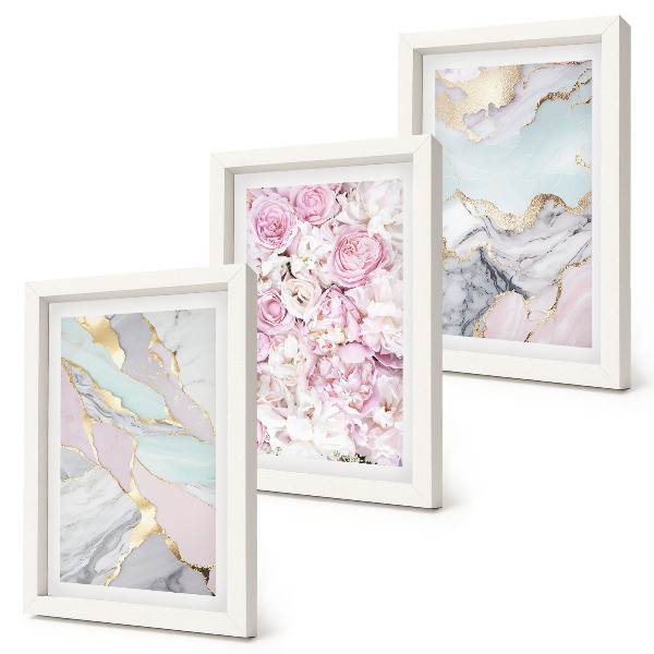 Framed triptych Pink flowers with marble and pastel patterns