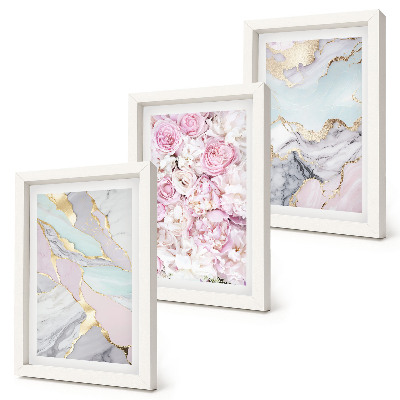Framed triptych Pink flowers with marble and pastel patterns