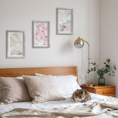Framed triptych Pink flowers with marble and pastel patterns