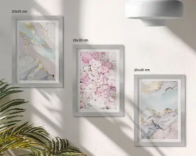 Pink flowers with marble and pastel patterns framed triptych