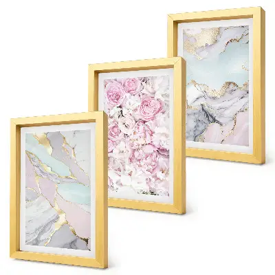 Pink flowers with marble and pastel patterns framed triptych