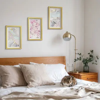 Pink flowers with marble and pastel patterns framed triptych
