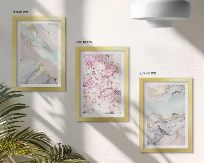 Pink flowers with marble and pastel patterns framed triptych