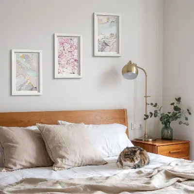 Pink flowers with marble and pastel patterns framed triptych