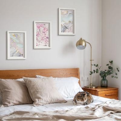 Framed triptych Pink flowers with marble and pastel patterns