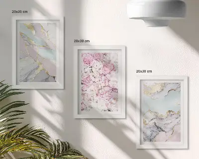 Pink flowers with marble and pastel patterns framed triptych