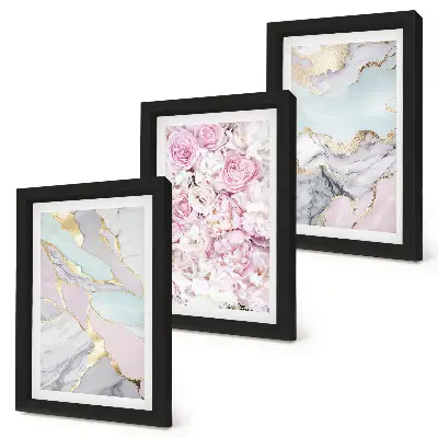 Pink flowers with marble and pastel patterns framed triptych