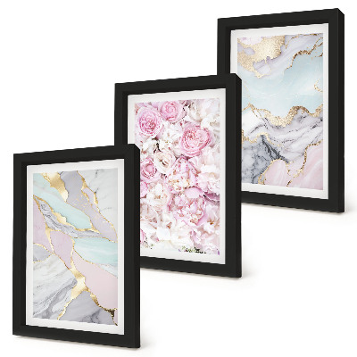 Framed triptych Pink flowers with marble and pastel patterns