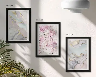 Pink flowers with marble and pastel patterns framed triptych