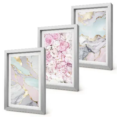 Pink flowers with marble and pastel patterns framed triptych