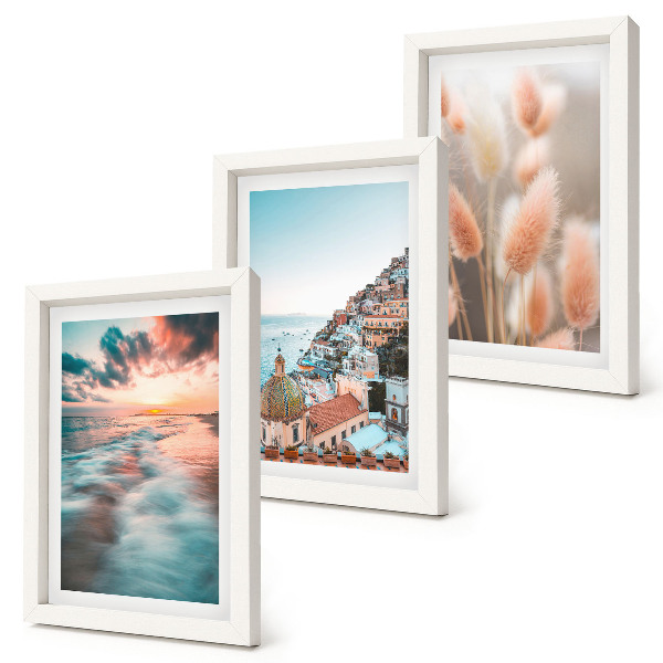 Photo frame wall Sea view sunset colorful houses flowers