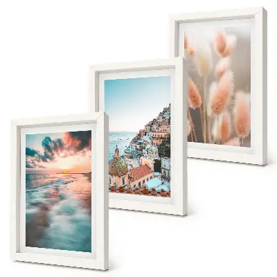 Photo frame wall sea view with sunset colorful houses and flowers
