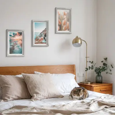 Photo frame wall sea view with sunset colorful houses and flowers