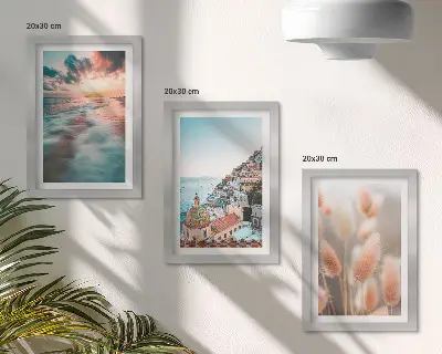 Photo frame wall sea view with sunset colorful houses and flowers