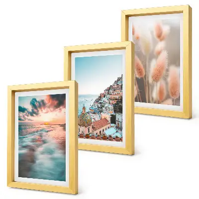 Photo frame wall sea view with sunset colorful houses and flowers