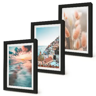 Photo frame wall sea view with sunset colorful houses and flowers
