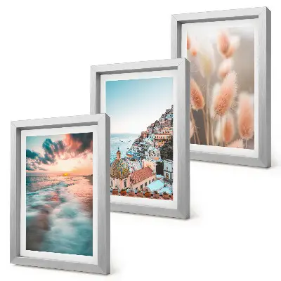 Photo frame wall sea view with sunset colorful houses and flowers