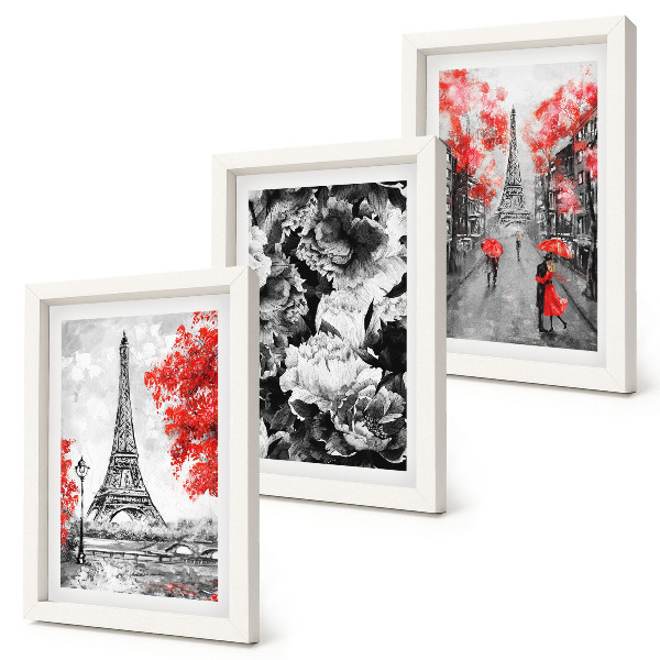 3-piece wall art set Eiffel Tower gray paintings with red accents