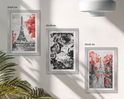 3-piece wall art set Eiffel Tower gray paintings with red accents