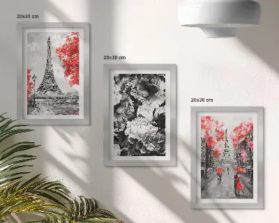 3-piece Eiffel Tower wall art set gray paintings with red accents