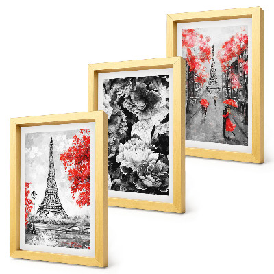 3-piece wall art set Eiffel Tower gray paintings with red accents