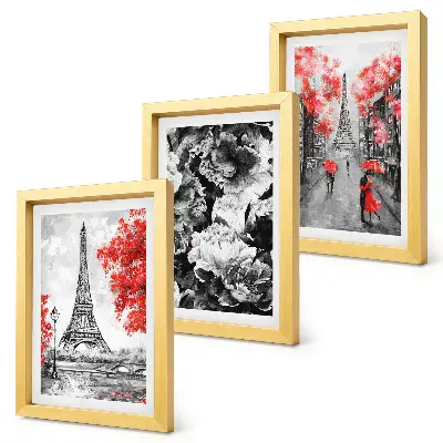 3-piece Eiffel Tower wall art set gray paintings with red accents