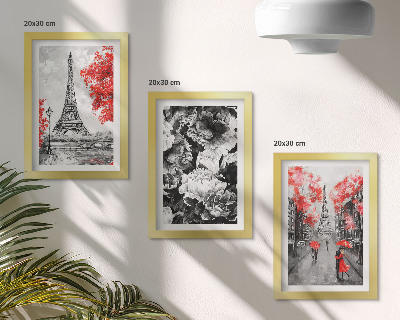 3-piece wall art set Eiffel Tower gray paintings with red accents