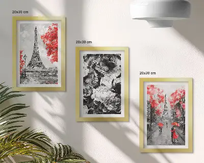 3-piece Eiffel Tower wall art set gray paintings with red accents