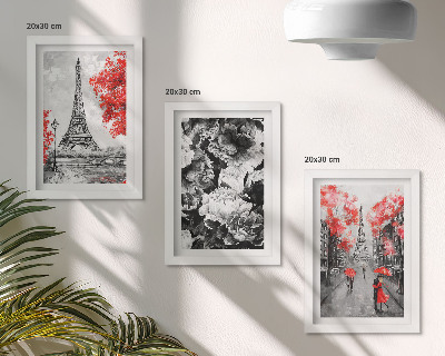 3-piece wall art set Eiffel Tower gray paintings with red accents