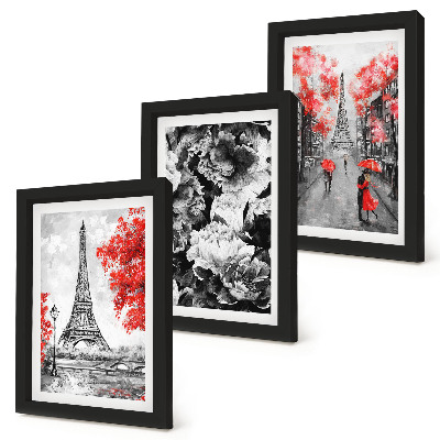 3-piece wall art set Eiffel Tower gray paintings with red accents