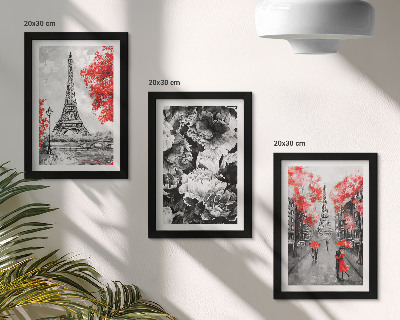 3-piece wall art set Eiffel Tower gray paintings with red accents
