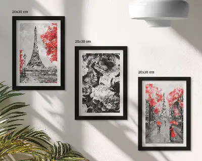 3-piece Eiffel Tower wall art set gray paintings with red accents