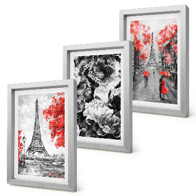 3-piece wall art set Eiffel Tower gray paintings with red accents