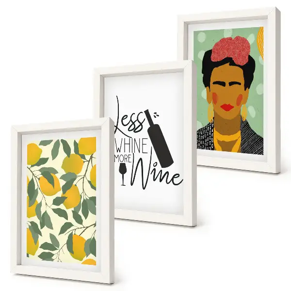 Photo frame wall featuring a Frida Kahlo portrait with a wine-themed lemon slogan
