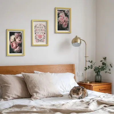 Photo frame wall with vintage roses and dream inscription