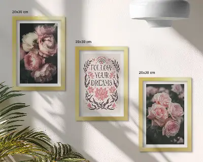 Photo frame wall with vintage roses and dream inscription