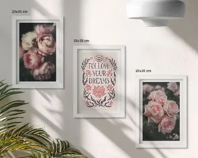 Photo frame wall with vintage roses and dream inscription