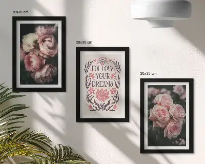 Photo frame wall with vintage roses and dream inscription