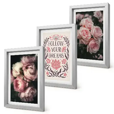 Photo frame wall with vintage roses and dream inscription