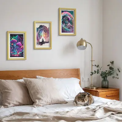 Framed fantasy art triptych colorful illustrations