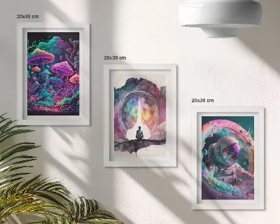 Framed fantasy art triptych colorful illustrations