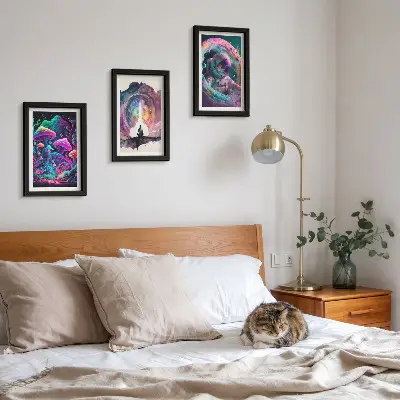 Framed fantasy art triptych colorful illustrations