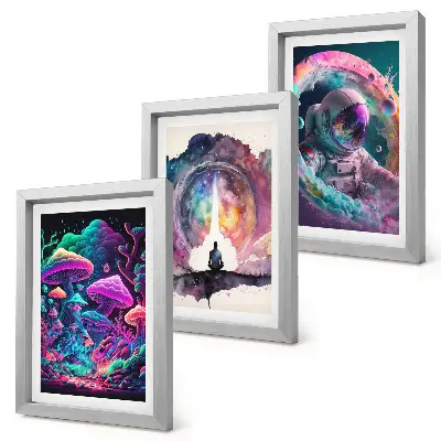 Framed fantasy art triptych colorful illustrations