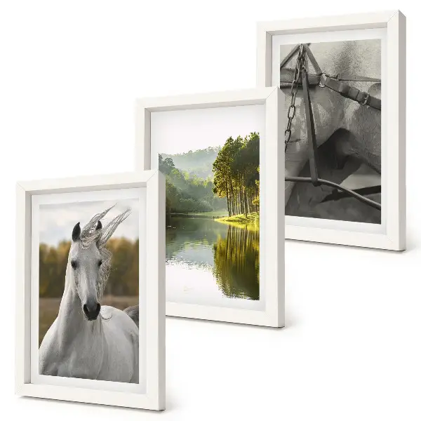 3-piece wall art set featuring white horses by the river in a nature landscape
