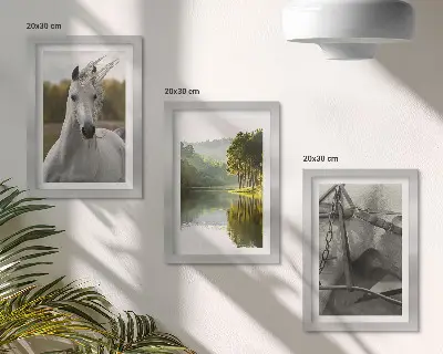 3-piece wall art set featuring white horses by the river in a nature landscape