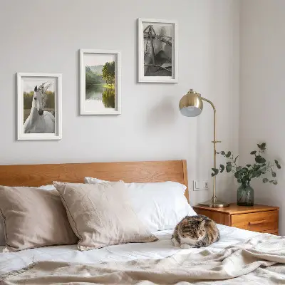 3-piece wall art set featuring white horses by the river in a nature landscape