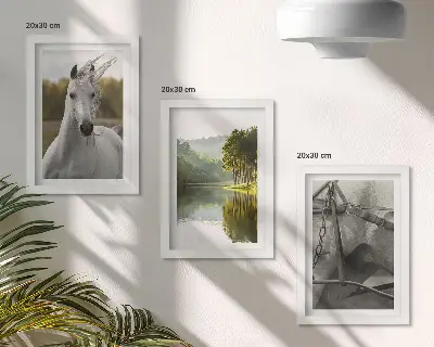 3-piece wall art set featuring white horses by the river in a nature landscape
