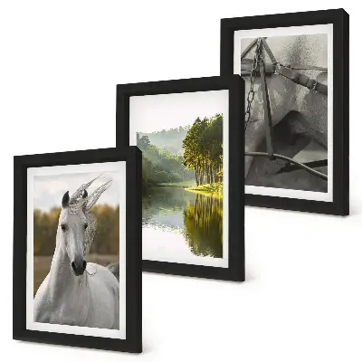 3-piece wall art set featuring white horses by the river in a nature landscape